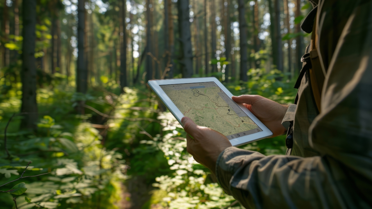 worker using tablet in forest